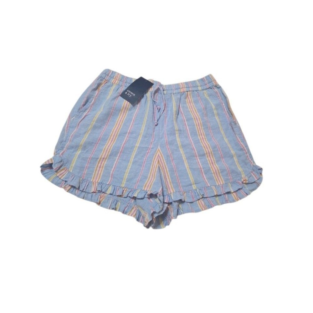 NWT Crown & Ivy Linen Blend Ruffle Leg Shorts Blue Pink Stripe Pockets M B32.1 - Picture 10 of 10